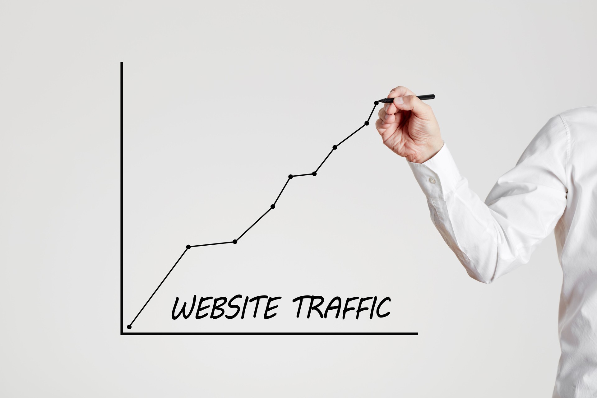 Businessman hand draws a rising line graph with the word website traffic. Increasing website traffic